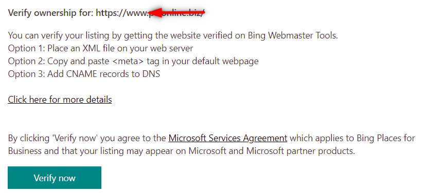 Bing Places listing using the Web Verification Method