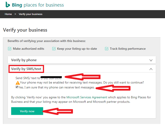 Bingplaces-Verify_your_business by text message
