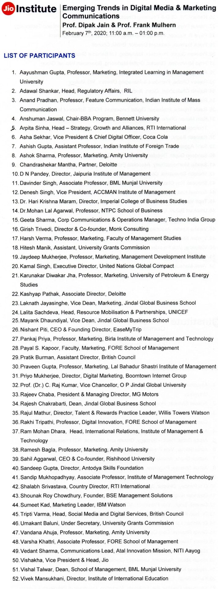 List Of Participants