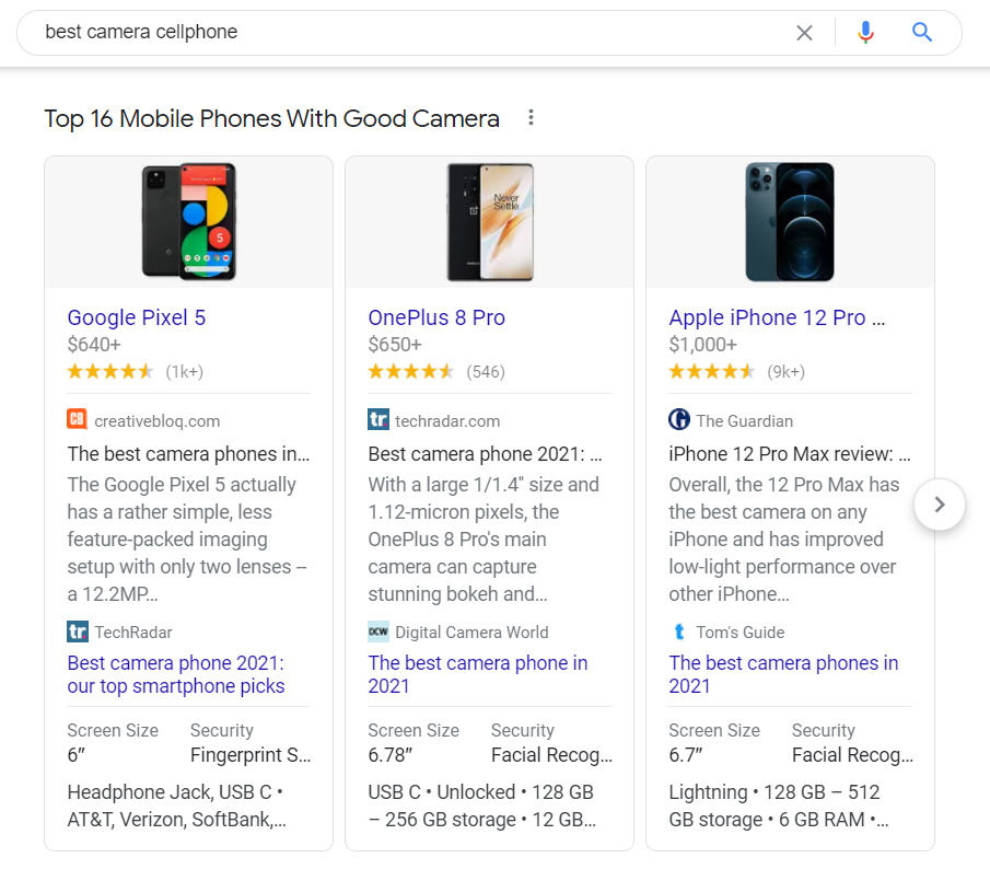 Best Camera cellphone search on the Google